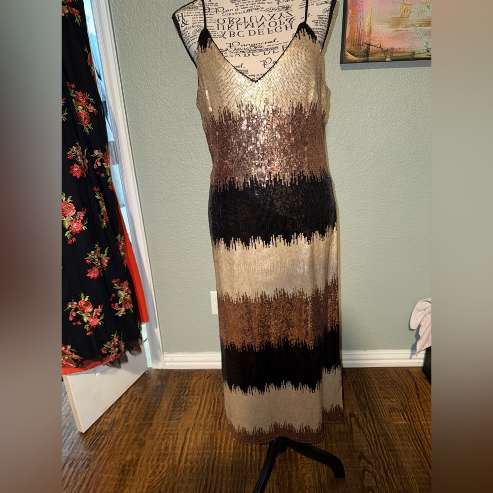 New Altar’d State Gold & Black Sequin Midi Dress L